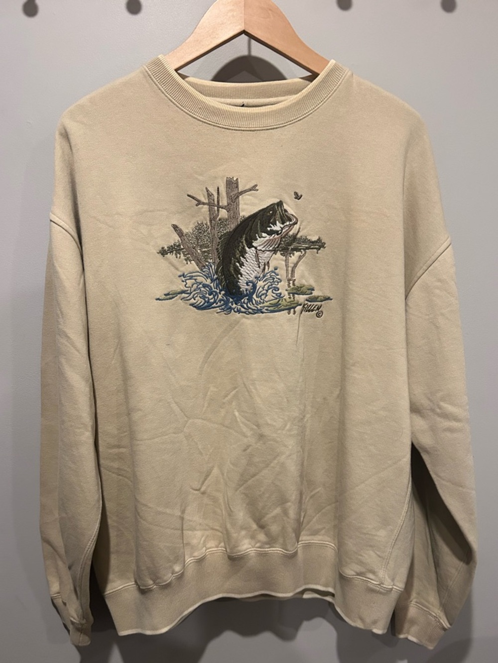 Vintage croft & barrow Cream embroidered Fishing Crewneck Sweatshirt